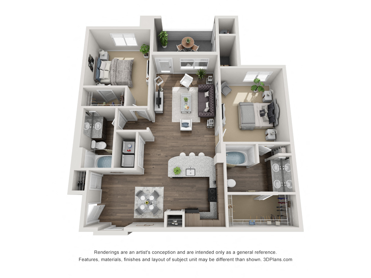 Floor plan for 2 beds, 2 baths, 1157 sqft